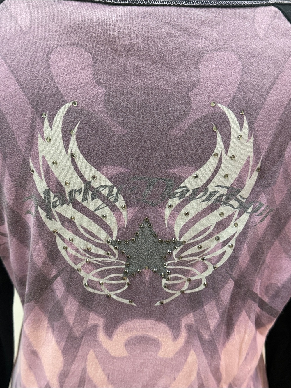 Harley-Davidson Purple V Neck Long Sleeve Top with Black Sleeves Medium NWOT - Picture 5 of 6